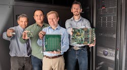 Sandia National Laboratories researchers (from left) Steve Verzi, William Severa, Brad Aimone and Craig Vineyard hold different versions of neuromorphic hardware platforms.