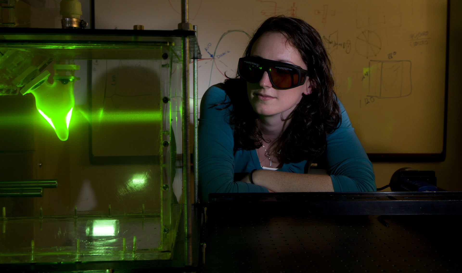 Doctoral student Kelley Stewart in the lab of Paul Vlachos at the Advanced Experimental Thermofluid Engineering Research Lab at Virginia Tech looks into a left ventricular simulator tank The silicone model has two valves connecting the ventricle to fluid outside of the tank This closedloop system allows researchers to vary stroke volume heart rate and pressures to simulate diastolic dysfunction