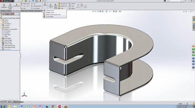 In SolidWorks 2014 Sheet Metal, a new Gusset tool lets users select two faces and choose a cross section. Then it adds the formed feature.