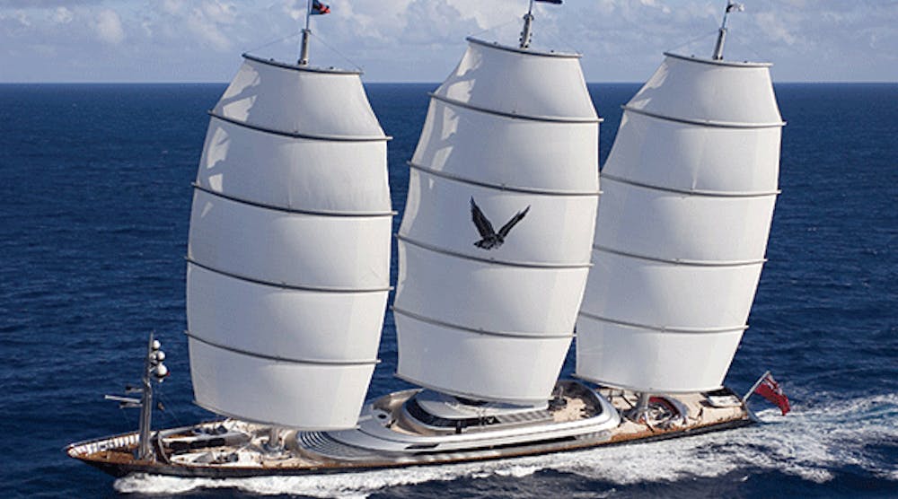 The Maltese Falcon, a luxury sailing yacht, measures 289-ft long with a 41-ft beam and x 20-ft of draft. The design of the sailing rig for this vessel will most likely be studied, and improved on for many years to come.