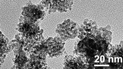 An electron micrograph shows the catalyst on high surface area ceria An electron micrograph shows the catalyst on high surface area ceria