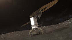 Artist&apos;s rendition of a robotic spacecraft picking up a large boulder from the surface of an asteroid. Photo courtesy of NASA