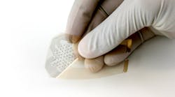 The smart bandage is fabricated by printing gold electrodes onto a thin piece of plastic. This flexible sensor uses impedance spectroscopy to detect bedsores that are invisible to the naked eye.