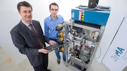 Professor Andreas Sch&uuml;tze of Saarland University and graduate engineer, Nikolai Helwig, who co-developed the hydraulic test bench, presented the smart monitoring system at the 2015 Hannover Messe.