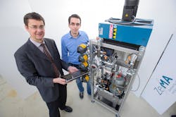 Professor Andreas Schuumltze of Saarland University and graduate engineer Nikolai Helwig who codeveloped the hydraulic test bench presented the smart monitoring system at the 2015 Hannover Messe Professor Andreas Schuumltze of Saarland University and graduate engineer Nikolai Helwig who codeveloped the hydraulic test bench presented the smart monitoring system at the 2015 Hannover Messe