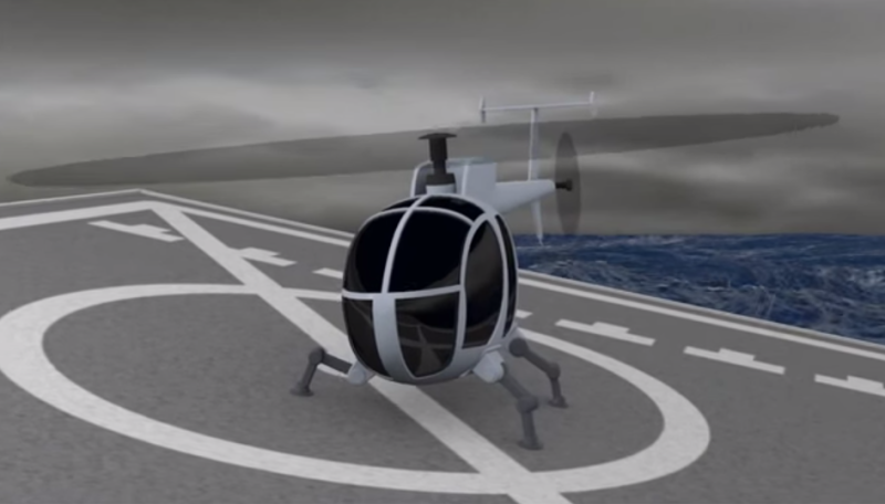 Robotic landing gear will help helicopters safely land on uneven terrain This depiction shows the helicopter landing on a moving deck in the ocean