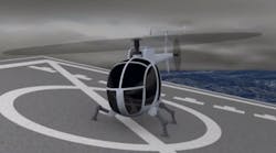 Robotic landing gear will help helicopters safely land on uneven terrain. This depiction shows the helicopter landing on a moving deck in the ocean.