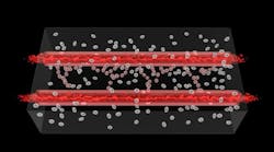 As blood is run through the artificial lumen laid down in the cell matrix, growth factors trigger endothelial stem cells (shown in red) to differentiate into vascular endothelial cells, generating capillaries for perfusion to all cells within the tissue.