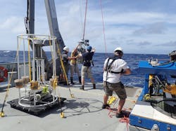 Woods Hole Oceanographic Institution scientists aboard the Schmidt Ocean Institutersquos RV Falkor prepare to lower the rosette responsible for collecting microbes in deadzone regions Woods Hole Oceanographic Institution scientists aboard the Schmidt Ocean Institutersquos RV Falkor prepare to lower the rosette responsible for collecting microbes in deadzone regions