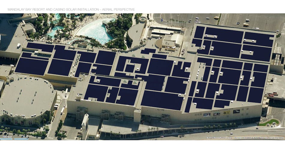 The second largest solar farm in the world comprises 27,324 panels and spans 28 acres. It supplies 26% of the Mandalay Bay Resort and Casino&rsquo;s energy.