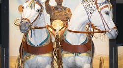 1. The Crossroads of Civilization exhibit at Milwaukee Public Museum features a life-sized sculpture of King Tut based on his mummy. The chariot is based off of actual chariots found in his tomb, and the horses&apos; design is an artist&apos;s rendition of ancient Arabian horses.