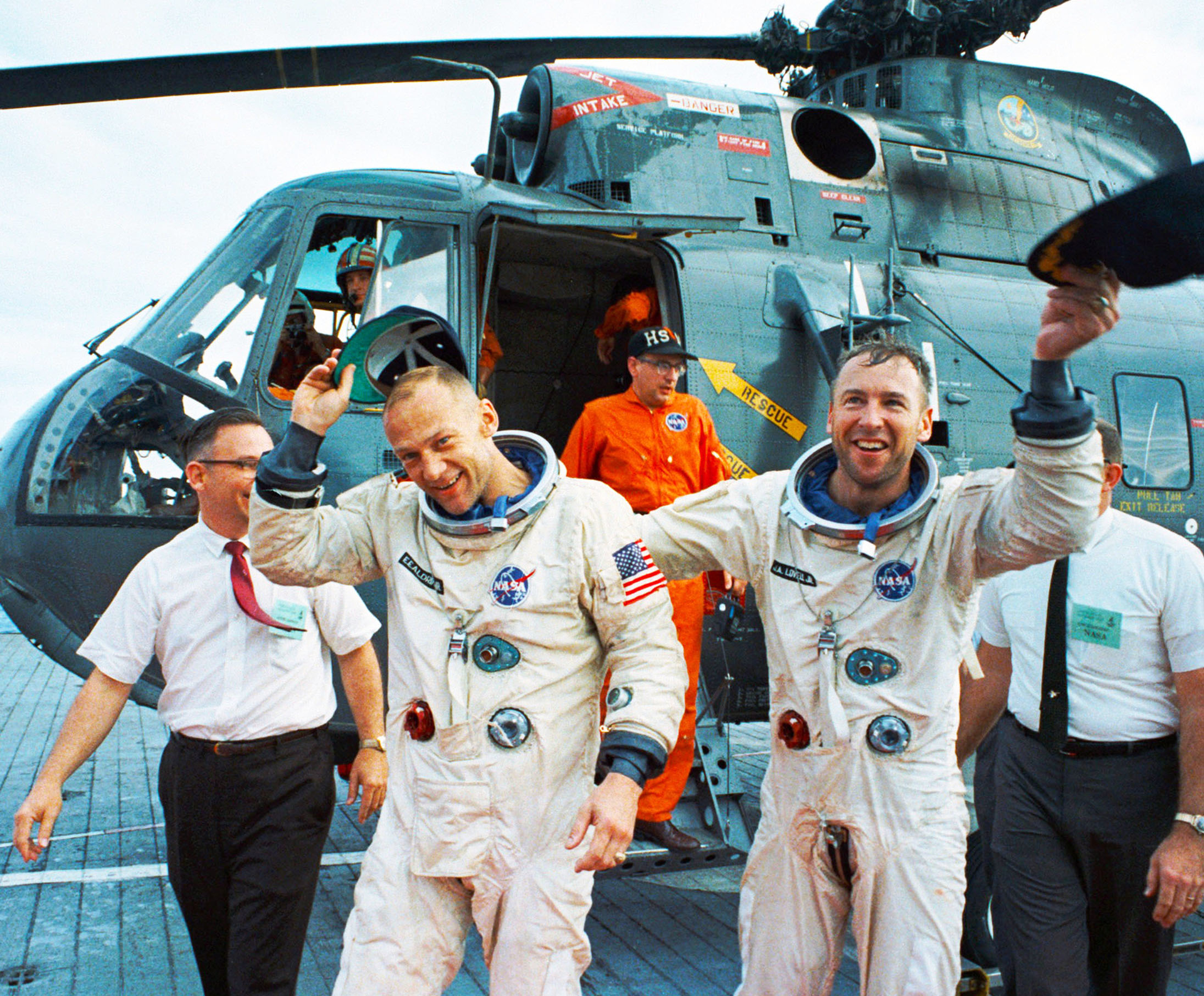 Copilots Jim Lovell and Buzz Aldrin celebrate after the Gemini XII splashdown on November 15 1966