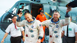 Copilots Jim Lovell and Buzz Aldrin celebrate after the Gemini XII splashdown on November 15 1966