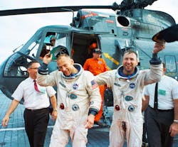 Copilots Jim Lovell and Buzz Aldrin celebrate after the Gemini XII splashdown on November 15 1966 Copilots Jim Lovell and Buzz Aldrin celebrate after the Gemini XII splashdown on November 15 1966
