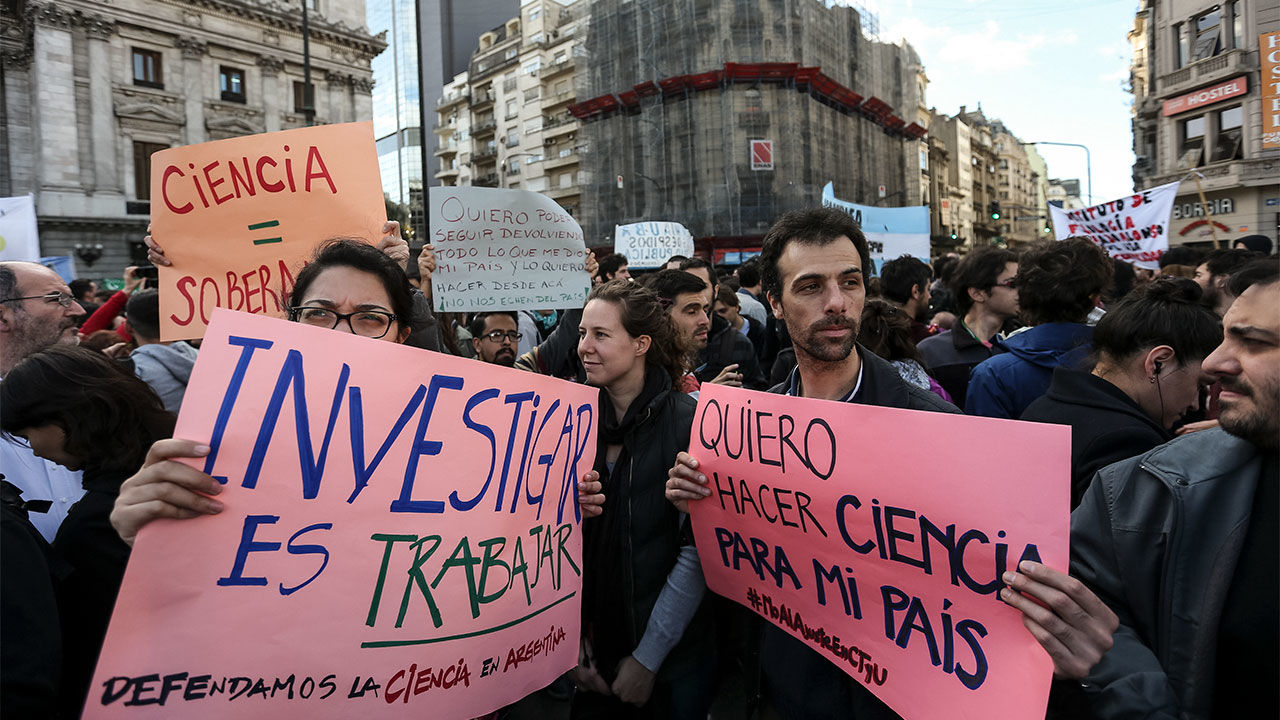 Research staff and union representatives gathered at the science ministry building in Buenos Aires to address CONICET39s denial of fullsalary positions to its workers due to decreased government spending for scientific research in Argentina