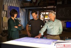 The image above provided by Marvelcom shows Hank Pym Michael Douglas Scott Lang Paul Rudd and Hope Van Dyne Evangeline Lilly analyzing blueprints and tech designs in the upcoming AntMan movie The image above provided by Marvelcom shows Hank Pym Michael Douglas Scott Lang Paul Rudd and Hope Van Dyne Evangeline Lilly analyzing blueprints and tech designs in the upcoming AntMan movie