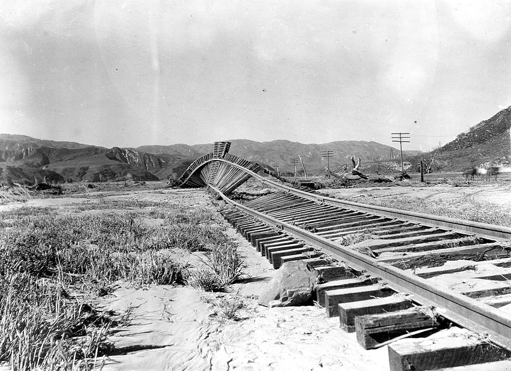 1928 Railroad tracks in southern California warp after flooding due to failure of the St Francis Dam