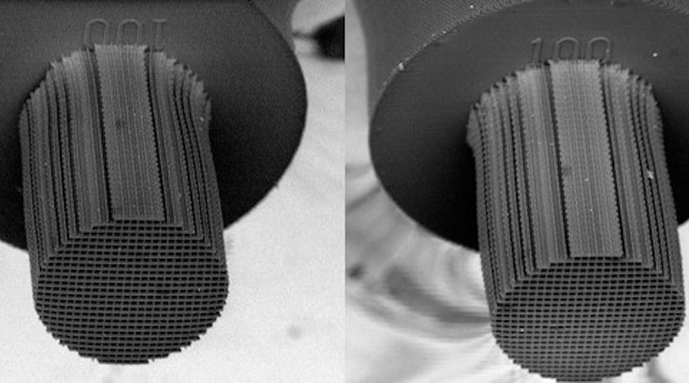 Through the two-photon lithography (TPL) 3D printing process, researchers can print woodpile lattices with submicron features. The lattice surrounds a solid base with the diameter of a human hair.