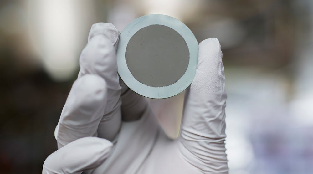 A nanoparticle coating on this disc acts as a catalyst and turbocharges the processing of oxygen on the cathode end of solid oxide fuel cells, increasing performance by a factor of eight.