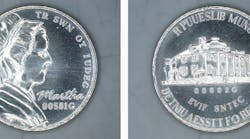 When designing a new coin, U.S. government agencies such as NIST use a &apos;dummy&apos; imprint so as not to run afoul of anti-counterfeiting rules. Here, Martha Washington in a mob cap subs in for Thomas Jefferson.