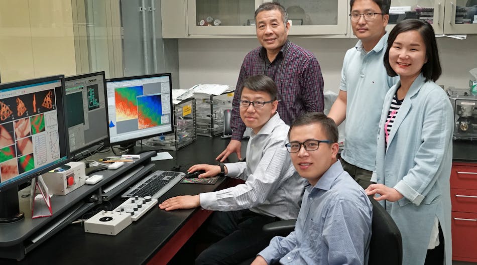 Brookhaven scientists researching materials for lithium batteries at the Center for Functional Nanomaterials in the Brookhaven National Laboratory. Pictured from left to right are: (top row) Jianming Bai, Seongmin Bak, and Sooyeon Hwang; (bottom row) Dong Su and Enyuan Hu.
