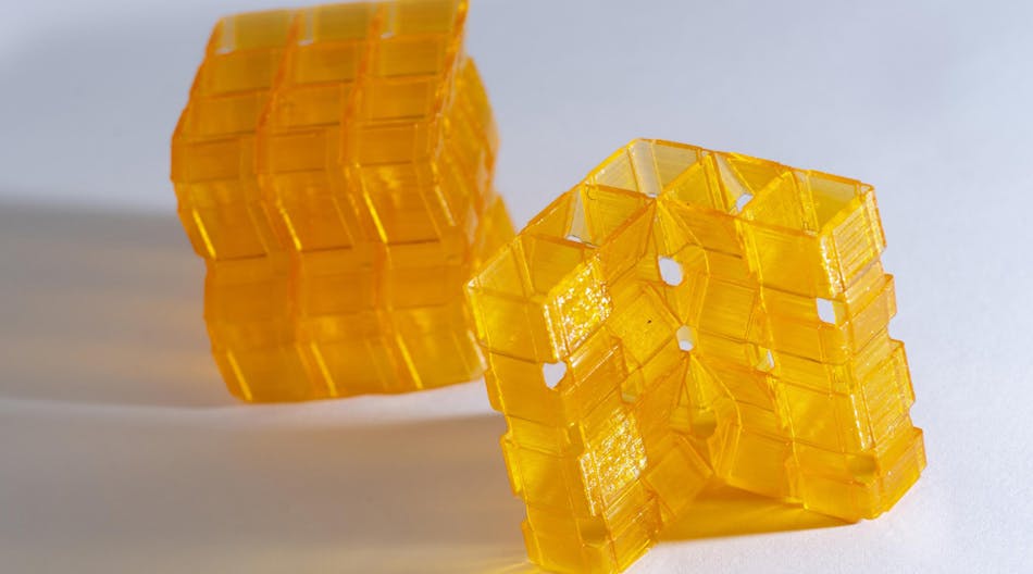 Closeup of an origami structure created through Digital Light Processing 3D printing.