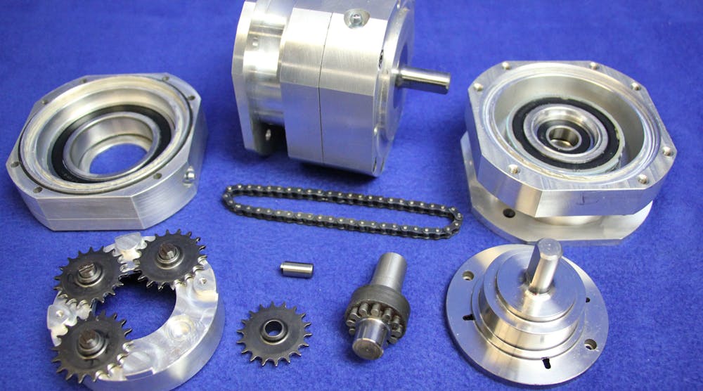 The components get assembled into a planetary gearhead with a roller chain replacing the traditional ring gear. They are assembled into a complete gearhead from Gearing Solutions.