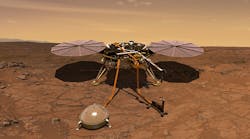 This artist&rsquo;s concept of what 790-lb Insight will look like when deployed on Mars shows its round solar arrays fanned out. The circular seismometer set in the ground is covered by a wind and thermal shield, and the black heat flow and sensor probe is pounded into the ground.