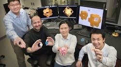 Yugang Zhang, Oleg Gang, Fang Lu, and Mingzhao Liu hold structural models of &ldquo;nanowrappers&rdquo; made of gold and silver and featuring holes in the corners. The scientists synthesized these hollow, porous nanostructures through a chemical reaction and characterized them using electron microscopy and optical spectroscopy capabilities at Brookhaven Lab&apos;s Center for Functional Nanomaterials.