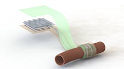 Artist&rsquo;s depiction of the biodegradable pressure sensor wrapped around a blood vessel with the antenna off to the side (layers separated to show details of the antenna&rsquo;s structure).
