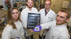 Lawrence Livermore National Laboratory scientists and engineers combed mechanical computing with 3D printing to create &ldquo;sentient&rdquo; materials that respond to changes in their surroundings, even in extreme environments. Pictured, from left, are LLNL researchers Julie Jackson Mancini, Logan Bekker, Andy Pascall, and Robert Panas.