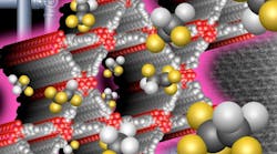 Refrigerant molecules are attracted to the interior linings of the red-and-white metal organic framework. Refrigerant molecules are attracted to the interior linings of the red-and-white metal organic framework.