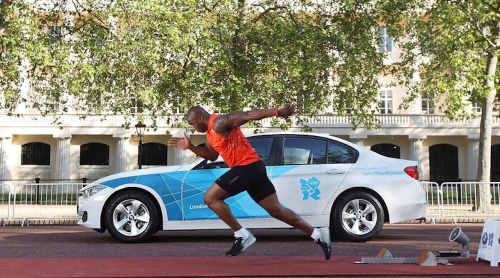 A study in 2012 done by sports scientist Greg Whyte with the acceleration of Olympic gold medalist Mark Lewis-Francis showed that Lewis-Francis was able to stay in front of a BMW 320d for about 4 sec. This meant he was able to stay in front of the car for just under 30 meters.
