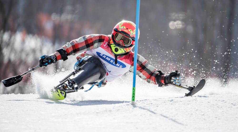 Tyler Walker, a multi-medalist in alpine skiing in the Paralympics, uses a monoski manufactured by DynAccess of Pennsylvania.