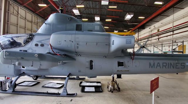 This Marine Corps AH-1Z Viper helicopter is painted with one-component (1K) camouflage gray polysiloxane topcoat on the exterior. U.S. Naval Research Laboratory chemists developed the new topcoat for DoD aircraft, which is safer for the environment and easier to apply.