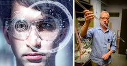 Man wearing smart glasses and Colin Baker Man wearing smart glasses and Colin Baker