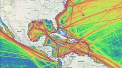 MarineTraffic&rsquo;s Density Map shows vessels movements based on billions of data points from 2017. The &ldquo;cool&rdquo; colored lines signify a route has not been taken often. Warm colored lines signify where routes are often used. The result is a global dataset of ship tracking density. But can an AI system accurately predict where ships will be based on this information?