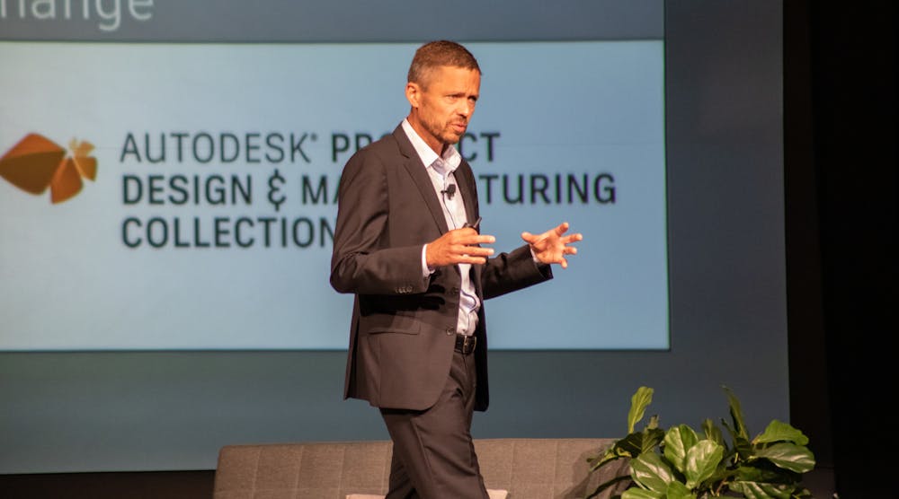 Stephen Hooper, the vice president and general manager of Autodesk&rsquo;s Fusion 360 technology, discusses the company&rsquo;s vision around generative design at the Autodesk Accelerate event in Grand Rapids, Mich.