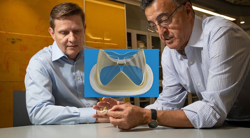 Caltech&apos;s Mory Gharib (r) and Foldax&apos;s Jason Beith (l) examine the new artificial Tria heart valve.