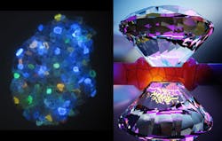 At left, a natural diamond glow under UV light owing to its various nitrogen-vacancy (NV) centers. At right, a schematic depicts the diamond anvils in action, with NV centers in the bottom anvil. The NV sensors glow a brilliant shade of red when excited with laser light. By probing the brightness of this fluorescence, researchers could see how sensors responded to small changes in their environment.