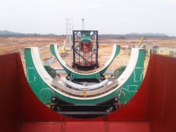 One of the mechanical innovations in MechProTech’s mills and scrubbers is the use of Vesconite hydrodynamic composite bearings. Different sizes are used in the mineral processing plant, but the largest measure about 10-ft long and 1.5-ft wide and weigh up to 65 lb. One of the mechanical innovations in MechProTech’s mills and scrubbers is the use of Vesconite hydrodynamic composite bearings. Different sizes are used in the mineral processing plant, but the largest measure about 10-ft long and 1.5-ft wide and weigh up to 65 lb.