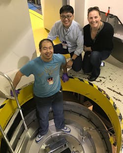 The research team (left to right): Zhuo Li, Liang Yin and Oak Ridge National Laboratory instrument scientist Kate Page at ORNL’s Spallation Neutron Source. The research team (left to right): Zhuo Li, Liang Yin and Oak Ridge National Laboratory instrument scientist Kate Page at ORNL’s Spallation Neutron Source.