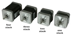 These NEMA size 17 step motors have different stack lengths. Stack lengths are increased by adding more rotor and stator sections. This increases torque while maintaining motor width, height and mounting dimensions.