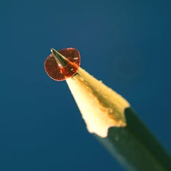 The 5.5 mm diameter micromotor rotor made of specially oriented polymer film, on a pencil tip. The 5.5 mm diameter micromotor rotor made of specially oriented polymer film, on a pencil tip.