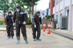U.S. Army soldiers are working with South Korean troops to use a disinfectant to spray an area thought to be infected with the COVID-19 coronavirus. U.S. Army soldiers are working with South Korean troops to use a disinfectant to spray an area thought to be infected with the COVID-19 coronavirus.