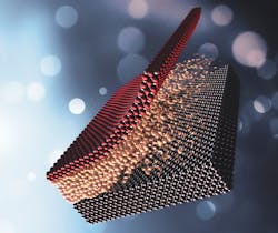 Researchers from SLAC and Stanford made a super-thin, flexible membrane from a normally brittle oxide by growing it on a surface coated with a compound that dissolves in water. When the coating dissolved, the membrane (dark red) floated free. Stretching the membrane then revealed how strain affects the material’s electronic properties. Researchers from SLAC and Stanford made a super-thin, flexible membrane from a normally brittle oxide by growing it on a surface coated with a compound that dissolves in water. When the coating dissolved, the membrane (dark red) floated free. Stretching the membrane then revealed how strain affects the material’s electronic properties.