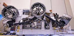 Wheels are installed on NASA&rsquo;s Mars Perseverance rover inside Kennedy Space Center&rsquo;s Payload Hazardous Servicing Facility on March 30, 2020.