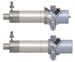 Renderings of the restartable rocket in a closed firing position (top) and open stopped position (bottom). Renderings of the restartable rocket in a closed firing position (top) and open stopped position (bottom).