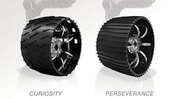 Illustrated here, the aluminum wheels of NASA&apos;s Curiosity (left) and Perseverance rovers. Slightly larger in diameter and narrower, 20.7 in. versus 20 in., Perseverance&rsquo;s wheels have twice as many treads, and are gently curved instead of chevron patterned.