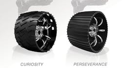 Illustrated here, the aluminum wheels of NASA's Curiosity (left) and Perseverance rovers. Slightly larger in diameter and narrower, 20.7 in. versus 20 in., Perseverance’s wheels have twice as many treads, and are gently curved instead of chevron patterned. Illustrated here, the aluminum wheels of NASA's Curiosity (left) and Perseverance rovers. Slightly larger in diameter and narrower, 20.7 in. versus 20 in., Perseverance’s wheels have twice as many treads, and are gently curved instead of chevron patterned.